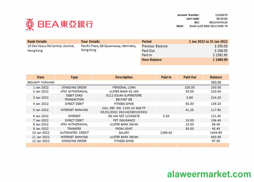 Hong Kong BEA bank statement template, Word and PDF format